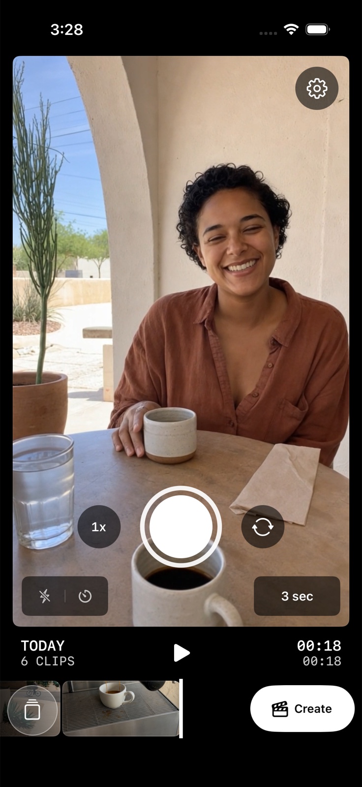 String capture screen set to three seconds, with six moments already collected in the clip sequence.