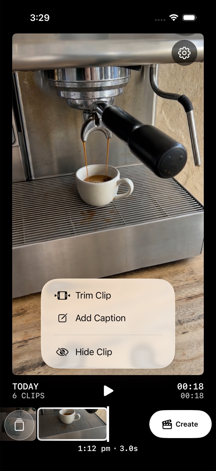 String clip controls for trimming, adding a caption, or hiding a clip from the finished video.