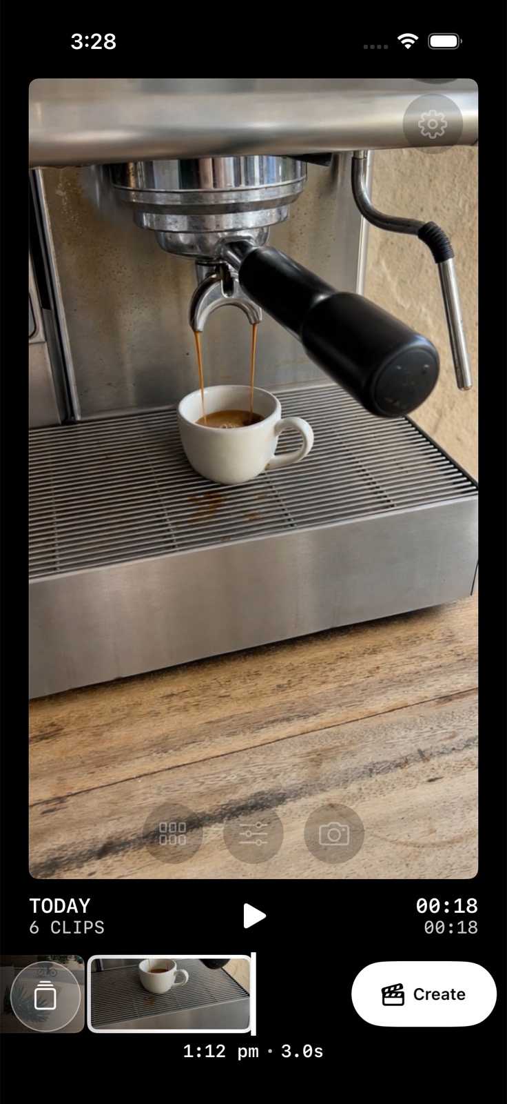 Six short clips arranged in sequence in String, with a three-second coffee-making moment selected.